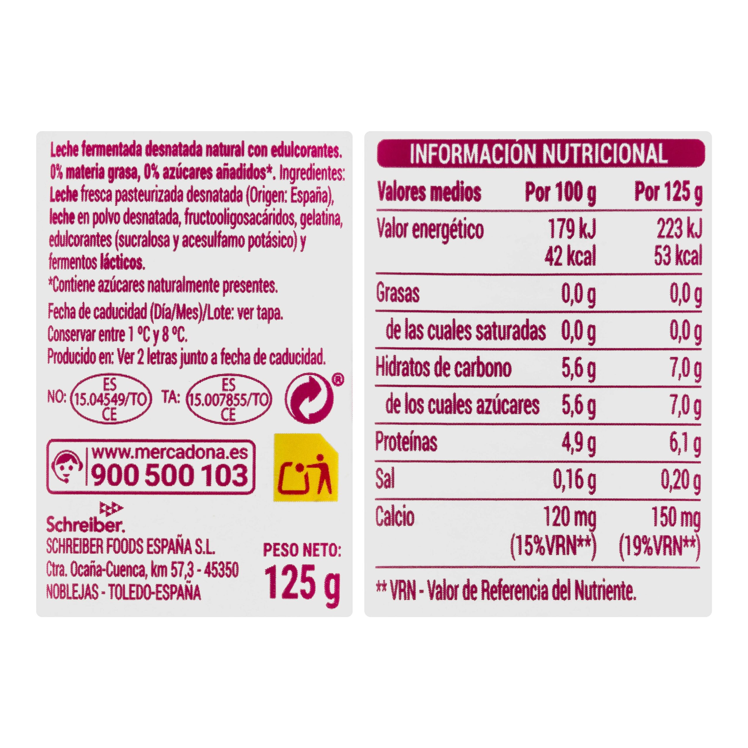 Etiqueta Postre lácteo cremoso natural edulcorado Hacendado 0% m.g 0% sin azúcares añadidos Linnea V